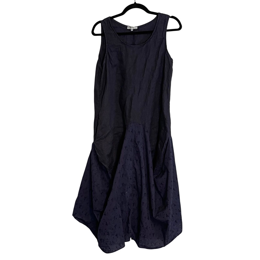 LIN Nature Navy Blue Sleeveless‎ Midi Dress Eyelet Sz 40 Made in Italy Lagenlook